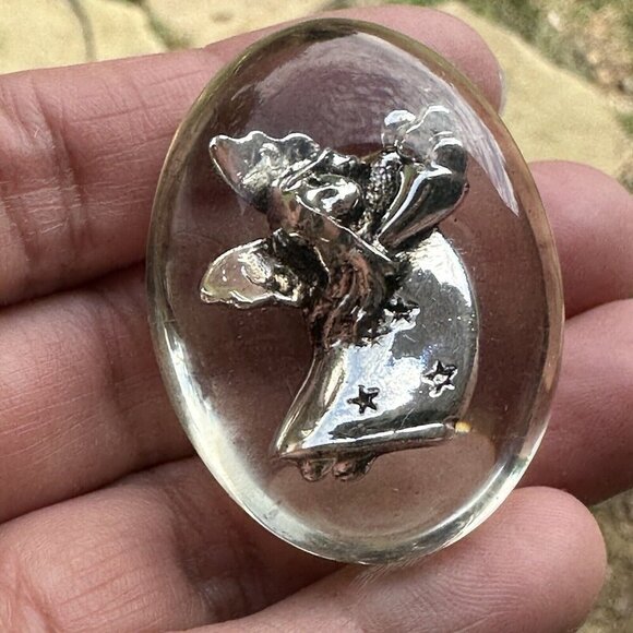 VTG 1980s Guardian Angel Charm 1.5"‎ Silver Tone Metal Oval Lucite Acrylic - Picture 1 of 5